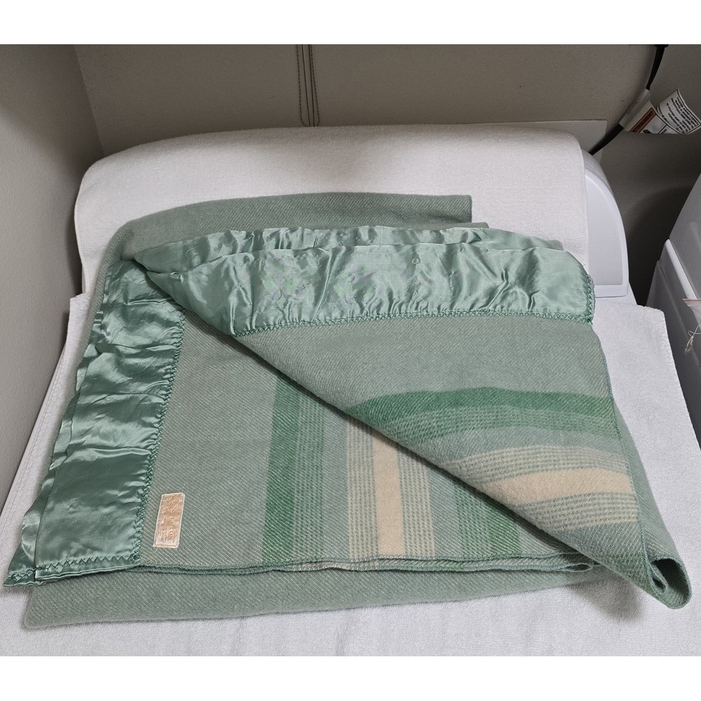 VTG 1950s Pendleton Virgin Wool Blanket Sage Green Striped 71x83 Twin MCM READ